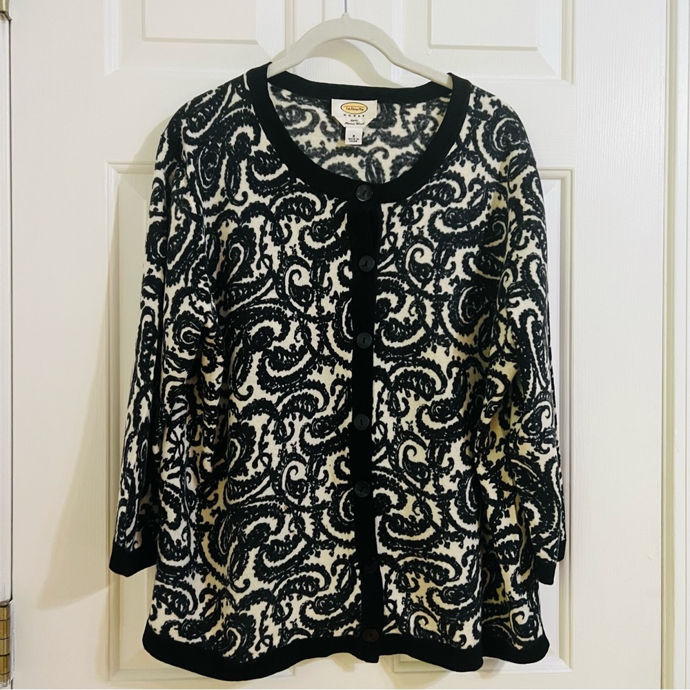 Talbots Woman 100% Merino Wool Paisley buttoned down cardigan Black/White Size X